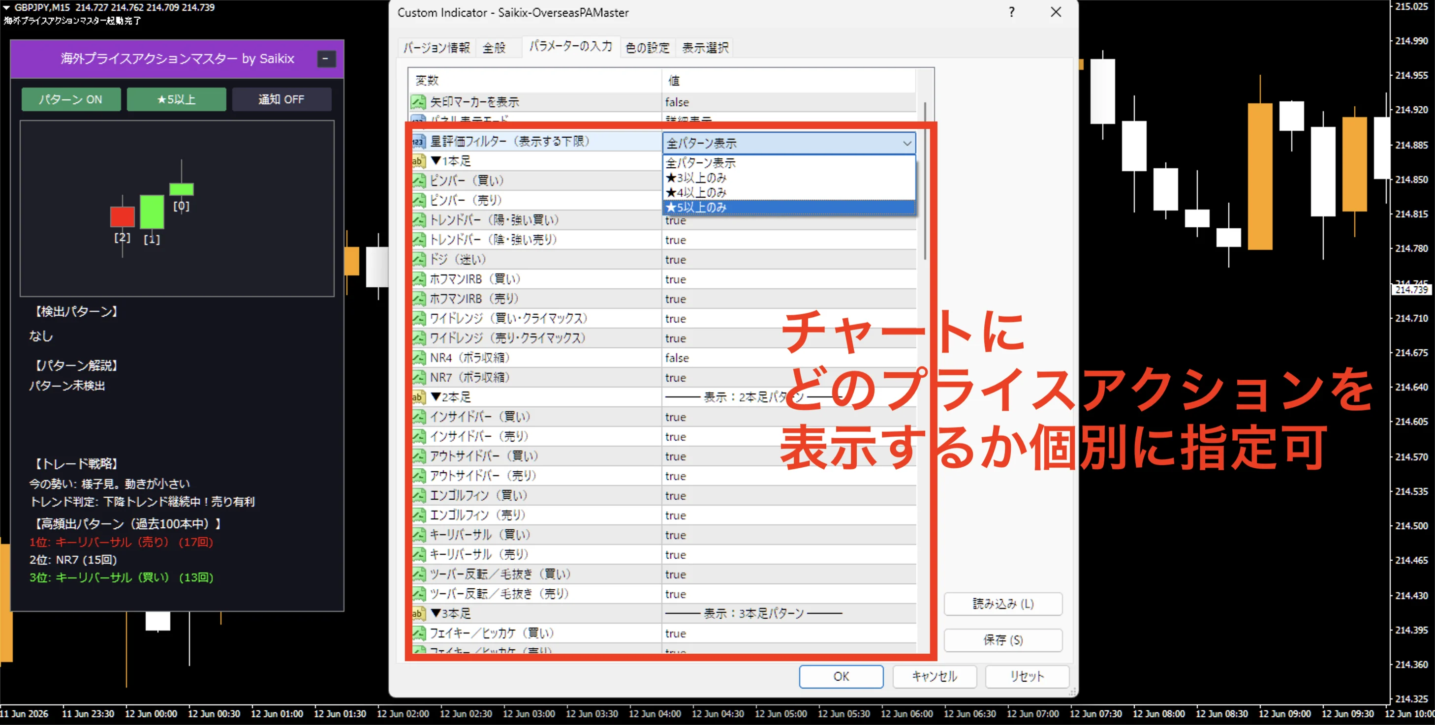 表示するプライスアクションを1つずつ指定できる設定画面