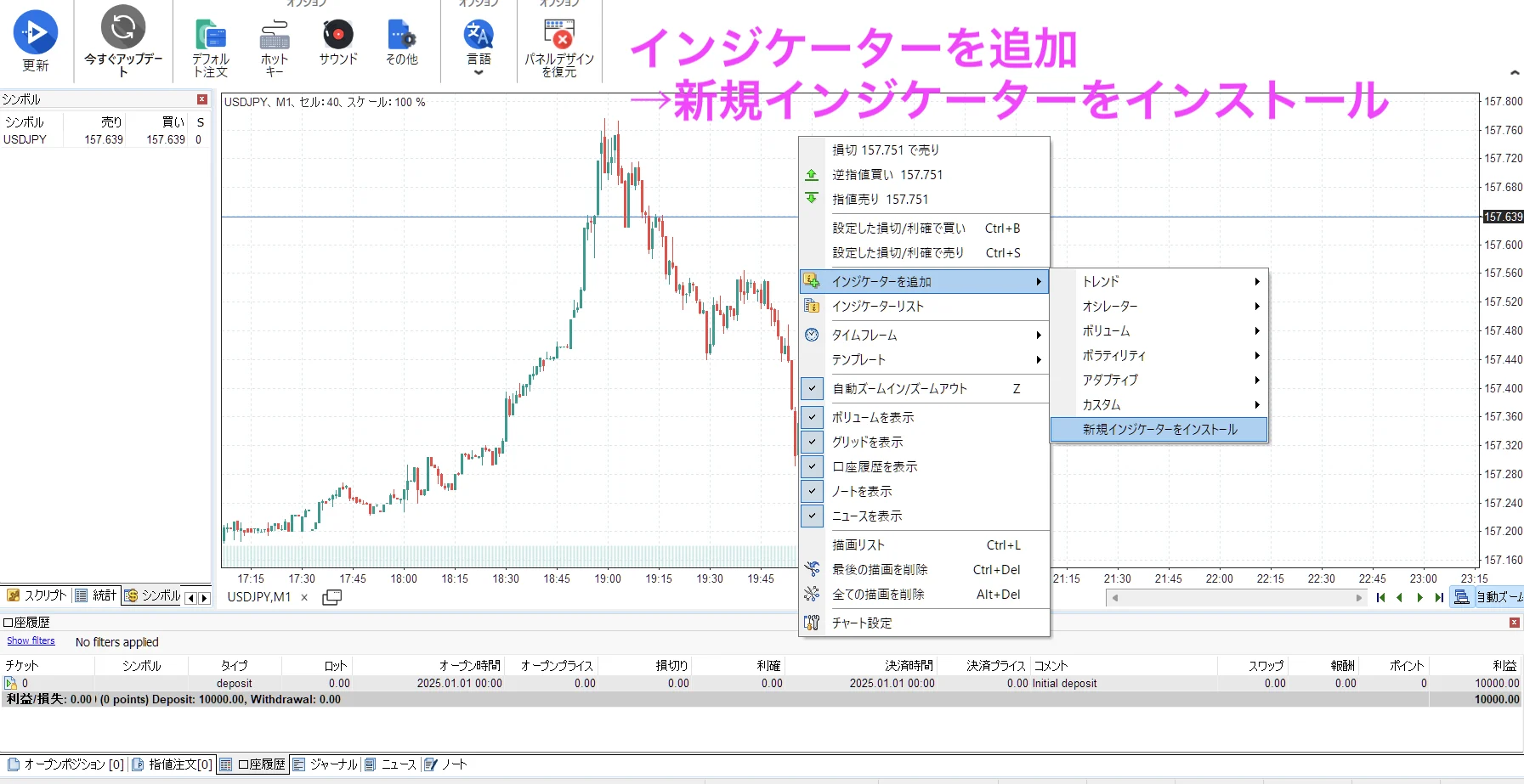 Forex Tester 6の右クリックメニューで「インジケーターを追加」から「新規インジケーターをインストール」を選ぶ場面