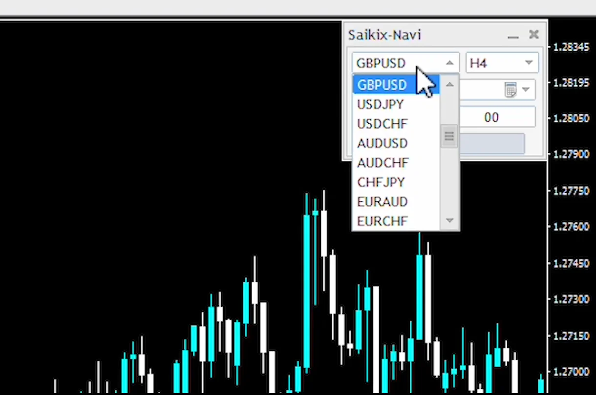 Saikix-Naviの画面。通貨ペアの一覧から移動先を選んでいる